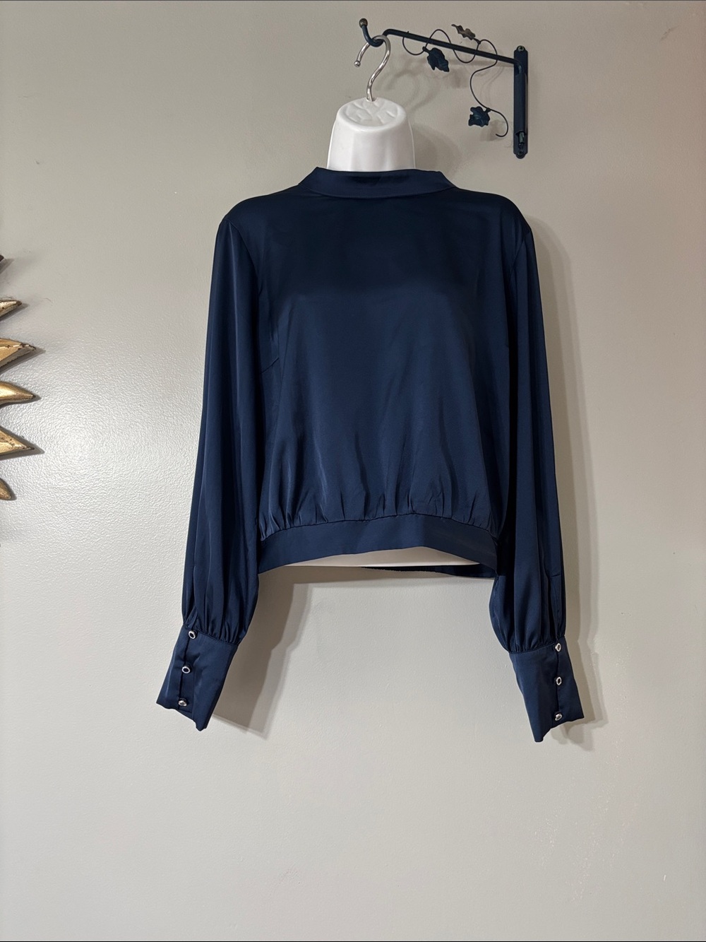 Express Navy Satin Long-Sleeve Blouse